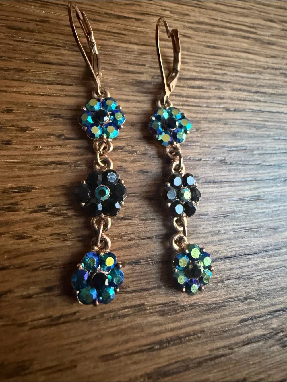 Vintage Iridescent Blue Aurora Borealis & Jet Black Crystal Flower Drop Earrings